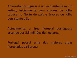 	A floresta portuguesa é um ecossistema muito antigo, inicialmente com árvores de folha caduca no Norte do país e árvores de folha persistente a Sul. 	Actualmente, a área florestal portuguesa ascende aos 3.3 milhões de hectares.	Portugal possui uma das maiores áreas florestadas da Europa.Paulo Seixas