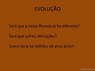 EVOLUÇÃOSerá que a nossa floresta já foi diferente?	Será que sofreu alterações?	Como seria há milhões de anos atrás?Paulo Seixas