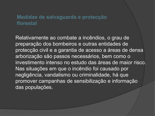 Medidas de salvaguarda e protecção florestalRelativamente ao combate a incêndios, o grau de preparação dos bombeiros e outras entidades de protecção civil e a garantia de acesso a áreas de densa arborização são passos necessários, bem como o investimento intenso no estudo das áreas de maior risco. Nas situações em que o incêndio foi causado por negligência, vandalismo ou criminalidade, há que promover campanhas de sensibilização e informação das populações.