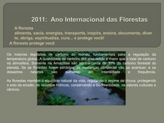 A floresta alimenta, sacia, energiza, transporta, inspira, ensina, documenta, diverte, abriga, espiritualiza, cura... e protege você!2011: Ano Internacional das FlorestasA floresta protege você Os maiores depósitos de carbono do mundo, fundamentais para a regulação da temperatura global. A quantidade de carbono por elas retida é maior que o total de carbono na atmosfera. Somente na Amazônia são retidos cerca de 30% do carbono florestal do planeta. Se as florestas forem perdidas, as mudanças climáticas vão se acentuar, e os desastres naturais vão aumentar em intensidade e frequência.As florestas mantêm o equilíbrio natural da vida, regulando o regime de chuva, protegendo o solo da erosão, os recursos hídricos, conservando a biodiversidade, os valores culturais e cênicos.