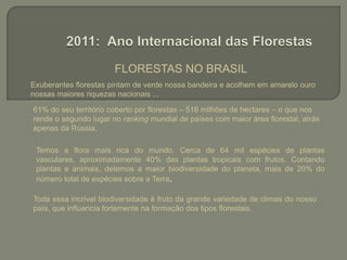 FLORESTAS NO BRASIL Exuberantes florestas pintam de verde nossa bandeira e acolhem em amarelo ouro nossas maiores riquezas nacionais ...2011: Ano Internacional das Florestas61% do seu território coberto por florestas – 516 milhões de hectares – o que nos rende o segundo lugar no ranking mundial de países com maior área florestal, atrás apenas da Rússia.Temos a flora mais rica do mundo. Cerca de 64 mil espécies de plantas vasculares, aproximadamente 40% das plantas tropicais com frutos. Contando plantas e animais, detemos a maior biodiversidade do planeta, mais de 20% do número total de espécies sobre a Terra.Toda essa incrível biodiversidade é fruto da grande variedade de climas do nosso país, que influencia fortemente na formação dos tipos florestais.