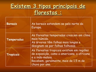 Existem 3 tipos principais de florestas : As florestas tropicais existem em regiões de exposição, como a americana, a africana e a indo-malaia. Recebem, geralmente, mais de 1.5 m de chuva por ano.  Tropicais As florestas temperadas crescem em clima mais húmido. As árvores têm folhas mais longas e designam-se por folhas folhosas.  Temperadas  As boreais estendem-se pelo norte da Europa. Boreais 