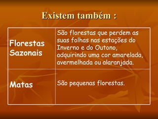 Existem também : São pequenas florestas. Matas São florestas que perdem as suas folhas nas estações do Inverno e do Outono, adquirindo uma cor amarelada, avermelhada ou alaranjada. Florestas Sazonais 