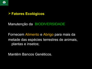  Fatores Ecológicos


Manutenção da  BIODIVERSIDADE

Fornecem Alimento e Abrigo para mais da
metade das espécies terrestres de animais, 
  plantas e insetos;

Mantêm Bancos Genéticos.
 