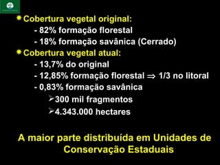  Cobertura vegetal original:
    - 82% formação florestal
    - 18% formação savânica (Cerrado)
 Cobertura vegetal atual:
    - 13,7% do original
    - 12,85% formação florestal ⇒ 1/3 no litoral
    - 0,83% formação savânica
        300 mil fragmentos
        4.343.000 hectares


A maior parte distribuída em Unidades de
         Conservação Estaduais
 