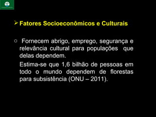  Fatores Socioeconômicos e Culturais

o  Fornecem abrigo, emprego, segurança e 
  relevância  cultural  para  populações    que 
  delas dependem.
  Estima-se  que  1,6  bilhão  de  pessoas  em 
  todo  o  mundo  dependem  de  florestas 
  para subsistência (ONU – 2011).
 