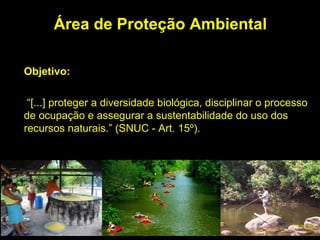 Área de Proteção Ambiental

Objetivo:

 “[...] proteger a diversidade biológica, disciplinar o processo
de ocupação e assegurar a sustentabilidade do uso dos
recursos naturais.” (SNUC - Art. 15º).
 