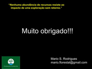 “Nenhuma abundância de recursos resiste ao
  impacto de uma exploração sem retorno.”




         Muito obrigado!!!


                               Mario S. Rodrigues
                               mario.florestal@gmail.com
 