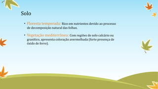 Solo
• Floresta temperada: Rico em nutrientes devido ao processo
de decomposição natural das folhas.
• Vegetação mediterrânea: Com regiões de solo calcário ou
granítico, apresenta coloração avermelhada (forte presença de
óxido de ferro).
 