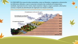 3- (UNICAMP) Em zonas de altas montanhas, como no Himalaia, a vegetação se desenvolve
em diferentes altitudes, a que se associam variações das condições de temperatura,
umidade, exposição do sol e ventos. Após examinar a figura a seguir, assinale a alternativa
correta a respeito da distribuição da vegetação em relação à altitude.
http://www.prof2000.pt/users/elisabethm/geo7/clima/climas.htm
 