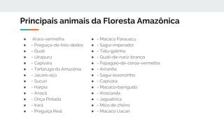 Principais animais da Floresta Amazônica
● Arara-vermelha
● - Preguiça-de-três-dedos
● - Quati
● - Uirapuru
● - Capivara
● - Tartaruga da Amazônia
● - Jacaré-açú
● - Sucuri
● - Harpia
● - Anacã
● - Onça Pintada
● - Irará
● - Preguiça Real
● - Macaco Parauacu
● - Sagui-imperador
● - Tatu-galinha
● - Quati-de-nariz-branco
● - Papagaio-de-coroa-vermelha
● - Ariranha
● - Sagui-leaonzinho
● - Capivara
● - Macaco-barrigudo
● - Anaconda
● - Jaguatirica
● - Mico de cheiro
● - Macaco Uacari
 