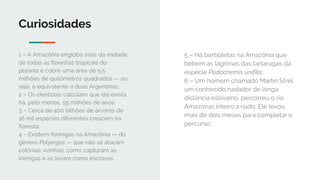 Curiosidades
1 – A Amazônia engloba mais da metade
de todas as florestas tropicais do
planeta e cobre uma área de 5,5
milhões de quilômetros quadrados — ou
seja, o equivalente a duas Argentinas;
2 – Os cientistas calculam que ela exista
há, pelo menos, 55 milhões de anos;
3 – Cerca de 400 bilhões de árvores de
16 mil espécies diferentes crescem na
floresta;
4 – Existem formigas na Amazônia — do
gênero Polyergus — que não só atacam
colônias vizinhas, como capturam as
inimigas e as levam como escravas;
5 – Há borboletas na Amazônia que
bebem as lágrimas das tartarugas da
espécie Podocnemis unifilis;
6 – Um homem chamado Martin Strel,
um conhecido nadador de longa
distância esloveno, percorreu o rio
Amazonas inteiro a nado. Ele levou
mais de dois meses para completar o
percurso;
 