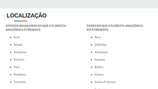 LOCALIZAÇÃO
ESTADOS BRASILEIROS EM QUE A FLORESTA
AMAZÔNICA É PRESENTE:
● Acre
● Amapá
● Amazonas
● Roraima
● Pará
● Rondônia
● Tocantins
PAÍSES EM QUE A FLORESTA AMAZÔNICA
ESTÁ PRESENTE:
● Perú
● Colômbia
● Venezuela
● Equador
● Bolívia
● Guiana
● Guiana Francesa
 