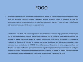 FOGO
•   Incêndios florestais naturais ocorrem em florestas tropicais, apesar da sua natureza húmida. Geralmente, quando

    arde em pequenos incêndios florestais, vegetação terrestre, arbustos, mudas, e pequenas árvores são

    eliminados, enquanto as espécies maiores do dossel são poupados. O fogo tem o efeito de limpar o chão florestal

    e árvores mais fracas, permitindo assim novo crescimento.

                                                       •



    Uma floresta, perturbada pela seca ou algum outro fator, está mais suscetível ao fogo, geralmente provocada pelo

    raio ou pequenos incêndios humanos que escapam queimando fora de controle as zonas agrícolas vizinhas. Por

    exemplo, o grande incêndio de Bornéu de 1982-83, destruiu mais de 9 milhões de hectares (3,6 milhões de

    hectares) de floresta (2,81 milhões de hectares de floresta dipterocarp) em Kalimantan (Indonésia). Estes

    incêndios, como os incêndios de 1997-98, foram inflamados por limpadores de terra que puseram fogo nas

    florestas e ao redor das florestas que foram fortemente degradadas pela exploração madeireira sob as condições

    de seca do el Niño. A investigação recentemente descobriu que mais da metade da floresta Amazônica está em

    risco de incêndio durante a seca extrema, como a que atingiu de Julho a Novembro de 2005.

                                                       •
 