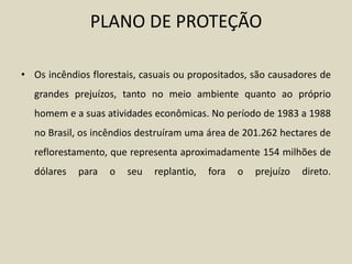 PLANO DE PROTEÇÃO

• Os incêndios florestais, casuais ou propositados, são causadores de
  grandes prejuízos, tanto no meio ambiente quanto ao próprio
  homem e a suas atividades econômicas. No período de 1983 a 1988
  no Brasil, os incêndios destruíram uma área de 201.262 hectares de
  reflorestamento, que representa aproximadamente 154 milhões de
  dólares   para   o   seu   replantio,   fora   o   prejuízo   direto.
 