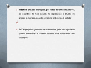 O   Incêndio provoca alterações, por vezes de forma irreversível,

    do equilíbrio do meio natural, na reprodução e difusão de

    pragas e doenças, quando o material ardido não é tratado

O

O   SECA prejudica gravemente as florestas, pois sem água não

    podem sobreviver e também ficarem mais vulneráveis aos

    incêndios.
 