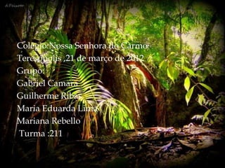 Colégio Nossa Senhora do Carmo
Teresópolis ,21 de março de 2012
Grupo:
Gabriel Camara
Guilherme Ribas
Maria Eduarda Lima
Mariana Rebello
Turma :211
 