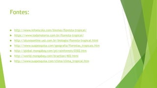 Fontes:
 http://www.infoescola.com/biomas/floresta-tropical/
 https://www.todamateria.com.br/floresta-tropical/
 http://alunosonline.uol.com.br/biologia/floresta-tropical.html
 http://www.suapesquisa.com/geografia/florestas_tropicais.htm
 http://global.mongabay.com/pt/rainforests/0302.htm
 http://world.mongabay.com/brazilian/402.html
 http://www.suapesquisa.com/clima/clima_tropical.htm
 