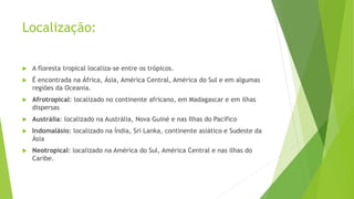Localização:
 A floresta tropical localiza-se entre os trópicos.
 É encontrada na África, Ásia, América Central, América do Sul e em algumas
regiões da Oceania.
 Afrotropical: localizado no continente africano, em Madagascar e em ilhas
dispersas
 Austrália: localizado na Austrália, Nova Guiné e nas Ilhas do Pacífico
 Indomalásio: localizado na Índia, Sri Lanka, continente asiático e Sudeste da
Ásia
 Neotropical: localizado na América do Sul, América Central e nas ilhas do
Caribe.
 