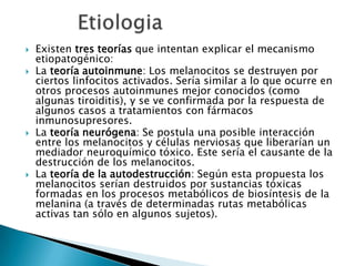 EtiologiaExisten tres teorías que intentan explicar el mecanismo etiopatogénico:La teoría autoinmune: Los melanocitos se destruyen por ciertos linfocitos activados. Sería similar a lo que ocurre en otros procesos autoinmunes mejor conocidos (como algunas tiroiditis), y se ve confirmada por la respuesta de algunos casos a tratamientos con fármacos inmunosupresores.La teoría neurógena: Se postula una posible interacción entre los melanocitos y células nerviosas que liberarían un mediador neuroquímico tóxico. Este sería el causante de la destrucción de los melanocitos.La teoría de la autodestrucción: Según esta propuesta los melanocitos serían destruidos por sustancias tóxicas formadas en los procesos metabólicos de biosíntesis de la melanina (a través de determinadas rutas metabólicas activas tan sólo en algunos sujetos).