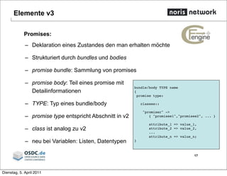 Elemente v3
Promises:
– Deklaration eines Zustandes den man erhalten möchte
– Strukturiert durch bundles und bodies
– promise bundle: Sammlung von promises
– promise body: Teil eines promise mit
Detailinformationen
– TYPE: Typ eines bundle/body
– promise type entspricht Abschnitt in v2
– class ist analog zu v2
– neu bei Variablen: Listen, Datentypen
17
bundle/body TYPE name
{
promise type:
classes::
"promiser" ->
{ "promisee1","promisee2", ... }
attribute_1 => value_1,
attribute_2 => value_2,
...
attribute_n => value_n;
}
Dienstag, 5. April 2011
 