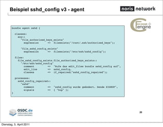 Beispiel sshd_config v3 - agent
20
bundle agent sshd {
classes:
any::
"file_authorized_keys_exists"
expression => fileexists("/root/.ssh/authorized_keys");
"file_sshd_config_exists"
expression => fileexists("/etc/ssh/sshd_config");
files:
file_sshd_config_exists.file_authorized_keys_exists::
"/etc/ssh/sshd_config"
comment => "Rufe das edit_files bundle sshd_config auf",
edit_line => sshd_config,
classes => if_repaired("sshd_config_repaired");
processes:
sshd_config_repaired::
"sshd"
comment => "sshd_config wurde geändert. Sende SIGHUP",
signals => { "hup" };
}
Dienstag, 5. April 2011
 