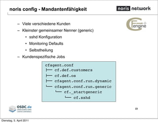 noris config - Mandantenfähigkeit
– Viele verschiedene Kunden
– Kleinster gemeinsamer Nenner (generic)
• sshd Konfiguration
• Monitoring Defaults
• Selbstheilung
– Kundenspezifische Jobs
23
cfagent.conf
!"" cf.def.customers
!"" cf.def.os
!"" cfagent.conf.run.dynamic
#"" cfagent.conf.run.generic
#"" cf._startgeneric
#"" cf.sshd
Dienstag, 5. April 2011
 