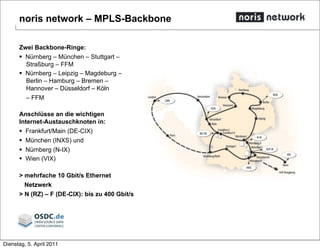 noris network – MPLS-Backbone
Zwei Backbone-Ringe:
 Nürnberg – München – Stuttgart –
Straßburg – FFM
 Nürnberg – Leipzig – Magdeburg –
Berlin – Hamburg – Bremen –
Hannover – Düsseldorf – Köln
– FFM
Anschlüsse an die wichtigen
Internet-Austauschknoten in:
 Frankfurt/Main (DE-CIX)
 München (INXS) und
 Nürnberg (N-IX)
 Wien (VIX)
> mehrfache 10 Gbit/s Ethernet
Netzwerk
> N (RZ) – F (DE-CIX): bis zu 400 Gbit/s
Dienstag, 5. April 2011
 