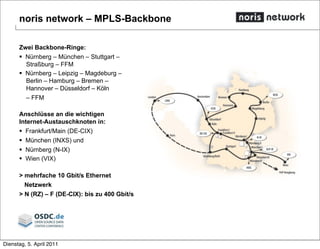 noris network – MPLS-Backbone
Zwei Backbone-Ringe:
 Nürnberg – München – Stuttgart –
Straßburg – FFM
 Nürnberg – Leipzig...