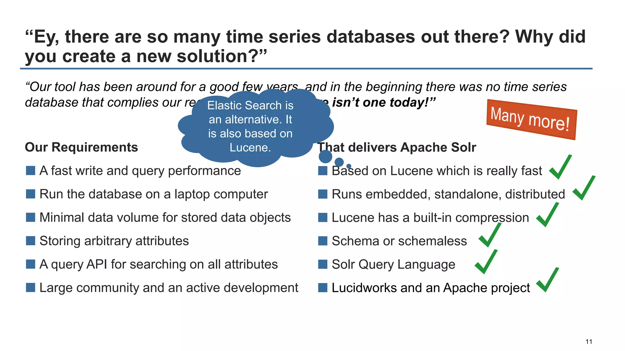 “Ey, there are so many time series databases out there? Why did
you create a new solution?”
11
Our Requirements
■ A fast write and query performance
■ Run the database on a laptop computer
■ Minimal data volume for stored data objects
■ Storing arbitrary attributes
■ A query API for searching on all attributes
■ Large community and an active development
That delivers Apache Solr
■ Based on Lucene which is really fast
■ Runs embedded, standalone, distributed
■ Lucene has a built-in compression
■ Schema or schemaless
■ Solr Query Language
■ Lucidworks and an Apache project
“Our tool has been around for a good few years, and in the beginning there was no time series
database that complies our requirements. And there isn’t one today!”Elastic Search is
an alternative. It
is also based on
Lucene.
 
