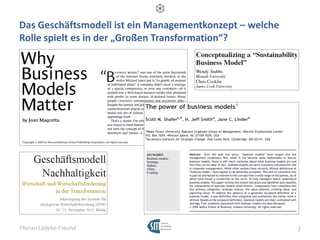 Das Geschäftsmodell ist ein Managementkonzept – welche
Rolle spielt es in der „Großen Transformation“?

Florian Lüdeke-Fre...