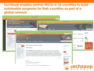 TechSoup enables partner NGOs in 33 countries to build
sustainable programs for their countries as part of a
global network
Canada
Taiwan
Brazil
 