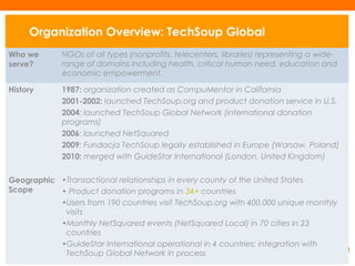 Organization Overview: TechSoup Global
Who we
serve?
NGOs of all types (nonprofits, telecenters, libraries) representing a wide-
range of domains including health, critical human need, education and
economic empowerment.
History 1987: organization created as CompuMentor in California
2001-2002: launched TechSoup.org and product donation service in U.S.
2004: launched TechSoup Global Network (international donation
programs)
2006: launched NetSquared
2009: Fundacja TechSoup legally established in Europe (Warsaw, Poland)
2010: merged with GuideStar International (London, United Kingdom)
Geographic
Scope
•Transactional relationships in every county of the United States
• Product donation programs in 34+ countries
•Users from 190 countries visit TechSoup.org with 400,000 unique monthly
visits
•Monthly NetSquared events (NetSquared Local) in 70 cities in 23
countries
•GuideStar International operational in 4 countries; integration with
TechSoup Global Network in process
 