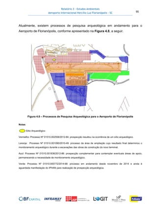 Relatório 3 – Estudos Ambientais
Aeroporto Internacional Hercílio Luz Florianópolis - SC 95
Atualmente, existem processos de pesquisa arqueológica em andamento para o
Aeroporto de Florianópolis, conforme apresentado na Figura 4.8, a seguir.
Figura 4.8 – Processos de Pesquisa Arqueológica para o Aeroporto de Florianópolis
Notas:
Sítio Arqueológico
Vermelho: Processo Nº 01510.002558/2012-84: prospecção resultou na ocorrência de um sítio arqueológico.
Laranja: Processo Nº 01510.001090/2010-49: processo da área de ampliação cujo resultado final determinou o
monitoramento arqueológico durante a escavações das obras de construção do novo terminal.
Azul: Processo Nº 01510.001836/2012-86: prospecção complementar para contemplar eventuais áreas de apoio,
permanecendo a necessidade de monitoramento arqueológico.
Verde: Processo Nº 01510.000772/2014-68: processo em andamento desde novembro de 2014 e ainda é
aguardada manifestação do IPHAN para realização de prospecção arqueológica.
 