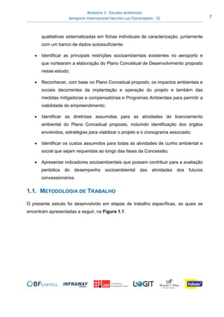 Relatório 3 – Estudos Ambientais
Aeroporto Internacional Hercílio Luz Florianópolis - SC 7
qualitativas sistematizadas em fichas individuais de caracterização, juntamente
com um banco de dados autossuficiente;
• Identificar as principais restrições socioambientais existentes no aeroporto e
que nortearam a elaboração do Plano Conceitual de Desenvolvimento proposto
nesse estudo;
• Reconhecer, com base no Plano Conceitual proposto, os impactos ambientais e
sociais decorrentes da implantação e operação do projeto e também das
medidas mitigadoras e compensatórias e Programas Ambientais para permitir a
viabilidade do empreendimento;
• Identificar as diretrizes assumidas para as atividades de licenciamento
ambiental do Plano Conceitual proposto, incluindo identificação dos órgãos
envolvidos, estratégias para viabilizar o projeto e o cronograma associado;
• Identificar os custos assumidos para todas as atividades de cunho ambiental e
social que sejam requeridas ao longo das fases da Concessão;
• Apresentar indicadores socioambientais que possam contribuir para a avaliação
periódica do desempenho socioambiental das atividades dos futuros
concessionários.
1.1. METODOLOGIA DE TRABALHO
O presente estudo foi desenvolvido em etapas de trabalho específicas, as quais se
encontram apresentadas a seguir, na Figura 1.1.
 