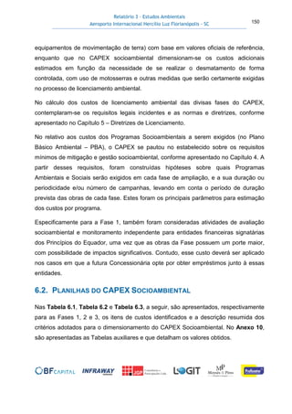 Relatório 3 – Estudos Ambientais
Aeroporto Internacional Hercílio Luz Florianópolis - SC 150
equipamentos de movimentação de terra) com base em valores oficiais de referência,
enquanto que no CAPEX socioambiental dimensionam-se os custos adicionais
estimados em função da necessidade de se realizar o desmatamento de forma
controlada, com uso de motosserras e outras medidas que serão certamente exigidas
no processo de licenciamento ambiental.
No cálculo dos custos de licenciamento ambiental das divisas fases do CAPEX,
contemplaram-se os requisitos legais incidentes e as normas e diretrizes, conforme
apresentado no Capítulo 5 – Diretrizes de Licenciamento.
No relativo aos custos dos Programas Socioambientais a serem exigidos (no Plano
Básico Ambiental – PBA), o CAPEX se pautou no estabelecido sobre os requisitos
mínimos de mitigação e gestão socioambiental, conforme apresentado no Capítulo 4. A
partir desses requisitos, foram construídas hipóteses sobre quais Programas
Ambientais e Sociais serão exigidos em cada fase de ampliação, e a sua duração ou
periodicidade e/ou número de campanhas, levando em conta o período de duração
prevista das obras de cada fase. Estes foram os principais parâmetros para estimação
dos custos por programa.
Especificamente para a Fase 1, também foram consideradas atividades de avaliação
socioambiental e monitoramento independente para entidades financeiras signatárias
dos Princípios do Equador, uma vez que as obras da Fase possuem um porte maior,
com possibilidade de impactos significativos. Contudo, esse custo deverá ser aplicado
nos casos em que a futura Concessionária opte por obter empréstimos junto à essas
entidades.
6.2. PLANILHAS DO CAPEX SOCIOAMBIENTAL
Nas Tabela 6.1, Tabela 6.2 e Tabela 6.3, a seguir, são apresentados, respectivamente
para as Fases 1, 2 e 3, os itens de custos identificados e a descrição resumida dos
critérios adotados para o dimensionamento do CAPEX Socioambiental. No Anexo 10,
são apresentadas as Tabelas auxiliares e que detalham os valores obtidos.
 