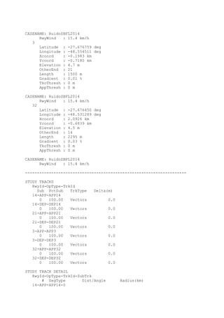 CASENAME: RuídoSBFL2014
RwyWind : 15.4 km/h
3
Latitude : -27.676759 deg
Longitude : -48.554511 deg
Xcoord : -0.1983 km
Ycoord : -0.7180 km
Elevation : 4.7 m
OtherEnd : 21
Length : 1500 m
Gradient : 0.01 %
TkoThresh : 0 m
AppThresh : 0 m
CASENAME: RuídoSBFL2014
RwyWind : 15.4 km/h
32
Latitude : -27.676450 deg
Longitude : -48.531289 deg
Xcoord : 2.0926 km
Ycoord : -0.6839 km
Elevation : 4.5 m
OtherEnd : 14
Length : 2295 m
Gradient : 0.03 %
TkoThresh : 0 m
AppThresh : 0 m
CASENAME: RuídoSBFL2014
RwyWind : 15.4 km/h
--------------------------------------------------------------------
STUDY TRACKS
RwyId-OpType-TrkId
Sub PctSub TrkType Delta(m)
14-APP-APP14
0 100.00 Vectors 0.0
14-DEP-DEP14
0 100.00 Vectors 0.0
21-APP-APP21
0 100.00 Vectors 0.0
21-DEP-DEP21
0 100.00 Vectors 0.0
3-APP-APP3
0 100.00 Vectors 0.0
3-DEP-DEP3
0 100.00 Vectors 0.0
32-APP-APP32
0 100.00 Vectors 0.0
32-DEP-DEP32
0 100.00 Vectors 0.0
STUDY TRACK DETAIL
RwyId-OpType-TrkId-SubTrk
# SegType Dist/Angle Radius(km)
14-APP-APP14-0
 