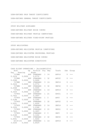 USER-DEFINED PROP THRUST COEFFICIENTS
USER-DEFINED GENERAL THRUST COEFFICIENTS
---------------------------------------------------------------------
STUDY MILITARY AIRPLANES
USER-DEFINED MILITARY NOISE CURVES
USER-DEFINED MILITARY PROFILE IDENTIFIERS
USER-DEFINED MILITARY FIXED-POINT PROFILES
---------------------------------------------------------------------
STUDY HELICOPTERS
USER-DEFINED HELICOPTER PROFILE IDENTIFIERS
USER-DEFINED HELICOPTER PROCEDURAL PROFILES
USER-DEFINED HELICOPTER NOISE CURVES
USER-DEFINED HELICOPTER DIRECTIVITY
---------------------------------------------------------------------
CASE FLIGHT OPERATIONS - [RuídoSBFL2014]
Acft Op Profile Stg Rwy Track Sub Group
Day Evening Night
727EM2 APP STANDARD 1 14 APP14 0 ---
0.3224 0.0000 0.0772
727EM2 APP STANDARD 1 32 APP32 0 ---
0.2048 0.0000 0.0490
727EM2 DEP STANDARD 3 14 DEP14 0 ---
0.3224 0.0000 0.0772
727EM2 DEP STANDARD 3 32 DEP32 0 ---
0.2048 0.0000 0.0490
737800 APP STANDARD 1 14 APP14 0 ---
9.3326 0.0000 2.2348
737800 APP STANDARD 1 21 APP21 0 ---
0.7922 0.0000 0.1897
737800 APP STANDARD 1 3 APP3 0 ---
0.5188 0.0000 0.1242
737800 APP STANDARD 1 32 APP32 0 ---
5.9301 0.0000 1.4200
737800 DEP STANDARD 2 14 DEP14 0 ---
9.3326 0.0000 2.2348
737800 DEP STANDARD 2 21 DEP21 0 ---
0.7922 0.0000 0.1897
737800 DEP STANDARD 2 3 DEP3 0 ---
0.5188 0.0000 0.1242
737800 DEP STANDARD 2 32 DEP32 0 ---
5.9301 0.0000 1.4200
A319-131 APP STANDARD 1 14 APP14 0 ---
3.5200 0.0000 0.8429
 