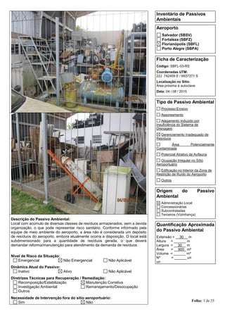 Folha: 3 de 25
Inventário de Passivos
Ambientais
Aeroporto
Salvador (SBSV)
Fortaleza (SBFZ)
Florianópolis (SBFL)
Porto Alegre (SBPA)
Ficha de Caracterização
Código: SBFL-03-RS
Coordenadas UTM:
22J 742409 E / 6937371 S
Localização no Sítio:
Área próxima à autoclave
Data: 04 / 08 / 2015
Tipo de Passivo Ambiental
Processo Erosivo
Assoreamento
Alagamento Induzido por
Insuficiência do Sistema de
Drenagem
Gerenciamento Inadequado de
Resíduos
Área Potencialmente
Contaminada
Potencial Atrativo de Avifauna
Ocupação Irregular no Sítio
Aeroportuário
Edificação no Interior da Zona de
Restrição de Ruído do Aeroporto
Outros
Origem do Passivo
Ambiental
Administração Local
Concessionárias
Subcontratadas
Terceiros (Vizinhança)
Quantificação Aproximada
do Passivo Ambiental
Extensão = __30__ m
Altura = ______ m
Largura = __30__ m
Área = __900_ m²
Volume = ______ m³
Nº = ______ un
un
Descrição do Passivo Ambiental:
Local com acúmulo de diversas classes de resíduos armazenados, sem a devida
organização, o que pode representar risco sanitário. Conforme informado pela
equipe de meio ambiente do aeroporto, a área não é considerada um depósito
de resíduos do aeroporto, embora atualmente ocorra a disposição. O local está
subdimensionado para a quantidade de resíduos gerada, o que deverá
demandar reforma/manutenção para atendimento da demanda de resíduos.
Nível de Risco da Situação:
Emergencial Não Emergencial Não Aplicável
Dinâmica Atual do Passivo:
Inativo Ativo Não Aplicável
Diretrizes Técnicas para Recuperação / Remediação:
Recomposição/Estabilização Manutenção Corretiva
Investigação Ambiental Remanejamento/Desocupação
Outros
Necessidade de Intervenção fora do sítio aeroportuário:
Sim Não
 