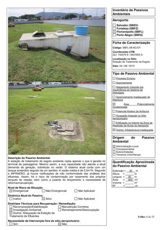 Folha: 8 de 25
Inventário de Passivos
Ambientais
Aeroporto
Salvador (SBSV)
Fortaleza (SBFZ)
Florianópolis (SBFL)
Porto Alegre (SBPA)
Ficha de Caracterização
Código: SBFL-08-AC/OT
Coordenadas UTM:
22J 742079 E / 6937605 S
Localização no Sítio:
Estação de Tratamento de Esgoto
Data: 04 / 08 / 2015
Tipo de Passivo Ambiental
Processo Erosivo
Assoreamento
Alagamento Induzido por
Insuficiência do Sistema de
Drenagem
Gerenciamento Inadequado de
Resíduos
Área Potencialmente
Contaminada
Potencial Atrativo de Avifauna
Ocupação Irregular no Sítio
Aeroportuário
Edificação no Interior da Zona de
Restrição de Ruído do Aeroporto
Outros: Infraestrutura Inadequada
Origem do Passivo
Ambiental
Administração Local
Concessionárias
Subcontratadas
Terceiros (Vizinhança)
Quantificação Aproximada
do Passivo Ambiental
Extensão = __30__ m
Altura = ______ m
Largura = __30__ m
Área = __900_ m²
Volume = ______ m³
Nº = ______ un
Descrição do Passivo Ambiental:
A estação de tratamento de esgoto existente capta apenas o que é gerado no
terminal de passageiros. Mesmo assim, a sua capacidade não atende a atual
demanda de geração, sobretudo no verão. O sistema atual conta com um
tanque anaeróbio seguido de um aeróbio. A vazão média é de 5,5m3/h. Segundo
a INFRAERO, já houve notificações de não conformidade das análises dos
efluentes. Assim, há o risco de contaminação por vazamento dos próprios
tanques de reação, bem como a jusante do lançamento e necessidade de
reforma/manutenção.
Nível de Risco da Situação:
Emergencial Não Emergencial Não Aplicável
Dinâmica Atual do Passivo:
Inativo Ativo Não Aplicável
Diretrizes Técnicas para Recuperação / Remediação:
Recomposição/Estabilização Manutenção Corretiva
Investigação Ambiental Remanejamento/Desocupação
Outros: Adequação da Estação de
Tratamento de Efluentes
Necessidade de Intervenção fora do sítio aeroportuário:
Sim Não
 
