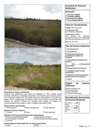 Folha: 25 de 25
Inventário de Passivos
Ambientais
Aeroporto
Salvador (SBSV)
Fortaleza (SBFZ)
Florianópolis (SBFL)
Porto Alegre (SBPA)
Ficha de Caracterização
Código: SBFL-25-AV/DR
Coordenadas UTM:
22J 741649 E / 6936578 S
Localização no Sítio:
Área brejosa com vegetação
campestre próxima aos alojamentos
das obras de ampliação do novo TPS
Data: 04 / 08 / 2015
Tipo de Passivo Ambiental
Processo Erosivo
Assoreamento
Alagamento Induzido por
Insuficiência do Sistema de
Drenagem
Gerenciamento Inadequado de
Resíduos
Área Potencialmente
Contaminada
Potencial Atrativo de Avifauna
Ocupação Irregular no Sítio
Aeroportuário
Edificação no Interior da Zona de
Restrição de ruído do Aeroporto
Outros
Origem do Passivo
Ambiental
Administração Local
Concessionárias
Subcontratadas
Terceiros (Vizinhança)
Quantificação Aproximada
do Passivo Ambiental
Extensão = ___450 m
Altura = ______ m
Largura = ____80 m
Área = _36000 m²
Volume = ______ m³
Nº = ______ un
Descrição do Passivo Ambiental:
Próximo aos alojamentos das obras de ampliação do TPS, existem áreas
brejosas cobertas por vegetação campestre, de provável origem natural, porém
com potencial problema de drenagem devido às intervenções em função das
obras, como a implantação de acessos. Esse local constitui um potencial foco
atrativo de avifauna. Deverá ser prevista uma revisão do sistema de
macrodrenagem para mitigar e reduzir o alagamento dessas áreas.
Nível de Risco da Situação:
Emergencial Não Emergencial Não Aplicável
Dinâmica Atual do Passivo:
Inativo Ativo Não Aplicável
Diretrizes Técnicas para Recuperação / Remediação:
Recomposição/Estabilização Manutenção Corretiva
Investigação Ambiental Remanejamento/Desocupação
Outros
Necessidade de Intervenção fora do sítio aeroportuário:
Sim Não
 