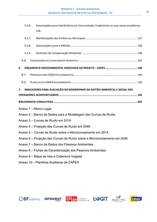 Relatório 3 – Estudos Ambientais
Aeroporto Internacional Hercílio Luz Florianópolis - SC iii
5.3.6. Autorizações para Interferência em Comunidades Tradicionais ou suas zonas envoltórias
136
5.3.7. Manifestações das Prefeituras Municipais....................................................................... 137
5.3.8. Autorizações junto à ANVISA ........................................................................................... 138
5.3.9. Diretrizes de Compensação Ambiental............................................................................ 138
5.4. CRONOGRAMA DO LICENCIAMENTO AMBIENTAL................................................................................ 142
6. ORÇAMENTO SOCIOAMBIENTAL ASSOCIADO AO PROJETO – CAPEX........................................ 148
6.1. PREMISSAS PARA CAPEX SOCIOAMBIENTAL...................................................................................... 149
6.2. PLANILHAS DO CAPEX SOCIOAMBIENTAL ......................................................................................... 150
7. INDICADORES PARA AVALIAÇÃO DO DESEMPENHO DA GESTÃO AMBIENTAL E SOCIAL DOS
OPERADORES AEROPORTUÁRIOS .................................................................................................. 166
BIBLIOGRAFIA CONSULTADA ......................................................................................................... 203
Anexo 1 – Marco Legal
Anexo 2 – Banco de Dados para a Modelagem das Curvas de Ruído
Anexo 3 – Curvas de Ruído em 2014
Anexo 4 – Projeção das Curvas de Ruído em 2046
Anexo 5 – Curvas de Ruído sobre o Microzoneamento em 2014
Anexo 6 – Projeção das Curvas de Ruído sobre o Microzoneamento em 2046
Anexo 7 – Banco de Dados dos Passivos Ambientais
Anexo 8 – Fichas de Caracterização dos Passivos Ambientais
Anexo 9 – Mapa de Uso e Cobertura Vegetal
Anexo 10 – Planilhas Auxiliares de CAPEX
 