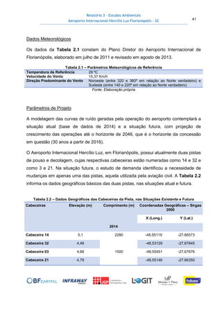 Relatório 3 – Estudos Ambientais
Aeroporto Internacional Hercílio Luz Florianópolis - SC 41
Dados Meteorológicos
Os dados da Tabela 2.1 constam do Plano Diretor do Aeroporto Internacional de
Florianópolis, elaborado em julho de 2011 e revisado em agosto de 2013.
Tabela 2.1 – Parâmetros Meteorológicos de Referência
Temperatura de Referência 29 ºC
Velocidade do Vento 15,37 Km/h
Direção Predominante do Vento Noroeste (entre 320 e 360º em relação ao Norte verdadeiro) e
Sudeste (entre 140 e 220º em relação ao Norte verdadeiro)
Fonte: Elaboração própria
Parâmetros de Projeto
A modelagem das curvas de ruído geradas pela operação do aeroporto contemplará a
situação atual (base de dados de 2014) e a situação futura, com projeção de
crescimento das operações até o horizonte de 2046, que é o horizonte da concessão
em questão (30 anos a partir de 2016).
O Aeroporto Internacional Hercílio Luz, em Florianópolis, possui atualmente duas pistas
de pouso e decolagem, cujas respectivas cabeceiras estão numeradas como 14 e 32 e
como 3 e 21. Na situação futura, o estudo de demanda identificou a necessidade de
mudanças em apenas uma das pistas, aquela utilizada pela aviação civil. A Tabela 2.2
informa os dados geográficos básicos das duas pistas, nas situações atual e futura.
Tabela 2.2 – Dados Geográficos das Cabeceiras da Pista, nas Situações Existente e Futura
Cabeceiras Elevação (m) Comprimento (m) Coordenadas Geográficas – Sirgas
2000
X (Long.) Y (Lat.)
2014
Cabeceira 14 5,1 2280 -48,55119 -27,66573
Cabeceira 32 4,48 -48,53129 -27,67645
Cabeceira 03 4,68 1500 -48,55451 -27,67676
Cabeceira 21 4,79 -48,55146 -27,66350
 