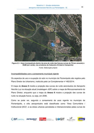 Relatório 3 – Estudos Ambientais
Aeroporto Internacional Hercílio Luz Florianópolis - SC 49
Figura 2.3 - Usos incompatíveis dentro da zona de ruído das futuras curvas de 70 (em amarelo) e
65dB (em verde), nos arredores da Cabeceira 32 (bairro Campeche).
Fonte: Elaboração própria
Incompatibilidades com o zoneamento municipal vigente
Os aspectos de uso e ocupação do solo no município de Florianópolis são regidos pelo
Plano Diretor de Urbanismo, instituído pela Lei Complementar no 482/2014.
O mapa do Anexo 5 mostra a projeção das curvas de ruído aeronáutico do Aeroporto
Hercílio Luz na situação atual (modelagem JGP) sobre o mapa de Microzoneamento do
Plano Diretor, enquanto que o mapa do Anexo 6 mostra a projeção das curvas de
ruído na situação futura, ou seja, em 2046.
Como se pode ver, segundo o zoneamento de usos vigente no município de
Florianópolis, o sítio aeroportuário está classificado como “Área Comunitária /
Institucional (ACI)”, e as áreas urbanas parceladas e interseccionadas pelas curvas de
 