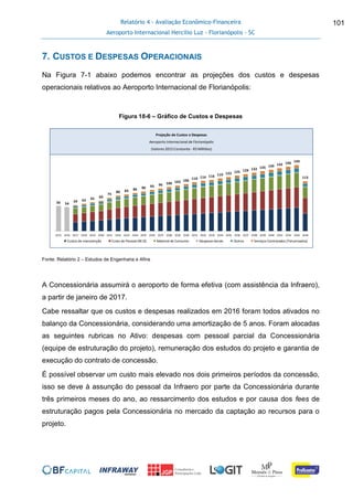 Relatório 4 - Avaliação Econômico-Financeira
Aeroporto Internacional Hercílio Luz - Florianópolis - SC
101
7. CUSTOS E DESPESAS OPERACIONAIS
Na Figura 7-1 abaixo podemos encontrar as projeções dos custos e despesas
operacionais relativos ao Aeroporto Internacional de Florianópolis:
Figura 18-6 – Gráfico de Custos e Despesas
Fonte: Relatório 2 – Estudos de Engenharia e Afins
A Concessionária assumirá o aeroporto de forma efetiva (com assistência da Infraero),
a partir de janeiro de 2017.
Cabe ressaltar que os custos e despesas realizados em 2016 foram todos ativados no
balanço da Concessionária, considerando uma amortização de 5 anos. Foram alocadas
as seguintes rubricas no Ativo: despesas com pessoal parcial da Concessionária
(equipe de estruturação do projeto), remuneração dos estudos do projeto e garantia de
execução do contrato de concessão.
É possível observar um custo mais elevado nos dois primeiros períodos da concessão,
isso se deve à assunção do pessoal da Infraero por parte da Concessionária durante
três primeiros meses do ano, ao ressarcimento dos estudos e por causa dos fees de
estruturação pagos pela Concessionária no mercado da captação ao recursos para o
projeto.
56 54
59 62 65 69
75
80 83 86 90 93 96 100 103 106
110 114 116 119 122 125 129 132 135 139 142 146 149
113
2015 2016 2017 2018 2019 2020 2021 2022 2023 2024 2025 2026 2027 2028 2029 2030 2031 2032 2033 2034 2035 2036 2037 2038 2039 2040 2041 2042 2043 2044
Custos de manutenção Custo de Pessoal (M.O) Material de Consumo Despesas Gerais Outros Serviços Contratados (Tercerizados)
Projeção de Custos e Despesas
Aeroporto Internacional de Florianópolis
(Valores 2015 Constante - R$ Milhões)
 