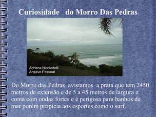 Curiosidade do Morro Das Pedras
Do Morro das Pedras avistamos a praia que tem 2450
metros de extensão e de 5 a 45 metros de largura e
conta com ondas fortes e é perigosa para banhos de
mar porém propícia aos esportes como o surf.
Adriana Nicolodelli
Arquivo Pessoal
 