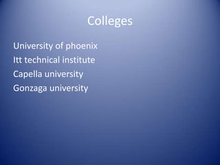 CollegesUniversity of phoenixItt technical instituteCapella universityGonzaga university