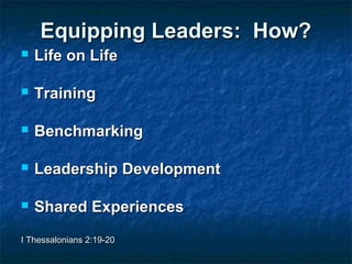 Equipping Leaders: How?Equipping Leaders: How?
 Life on LifeLife on Life
 TrainingTraining
 BenchmarkingBenchmarking
 Leadership DevelopmentLeadership Development
 Shared ExperiencesShared Experiences
I Thessalonians 2:19-20I Thessalonians 2:19-20
 