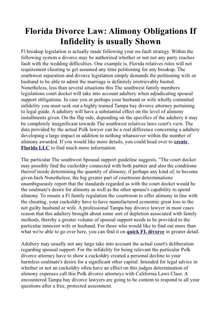 Florida Divorce Law Alimony Obligations If Infidelity is usually Shown